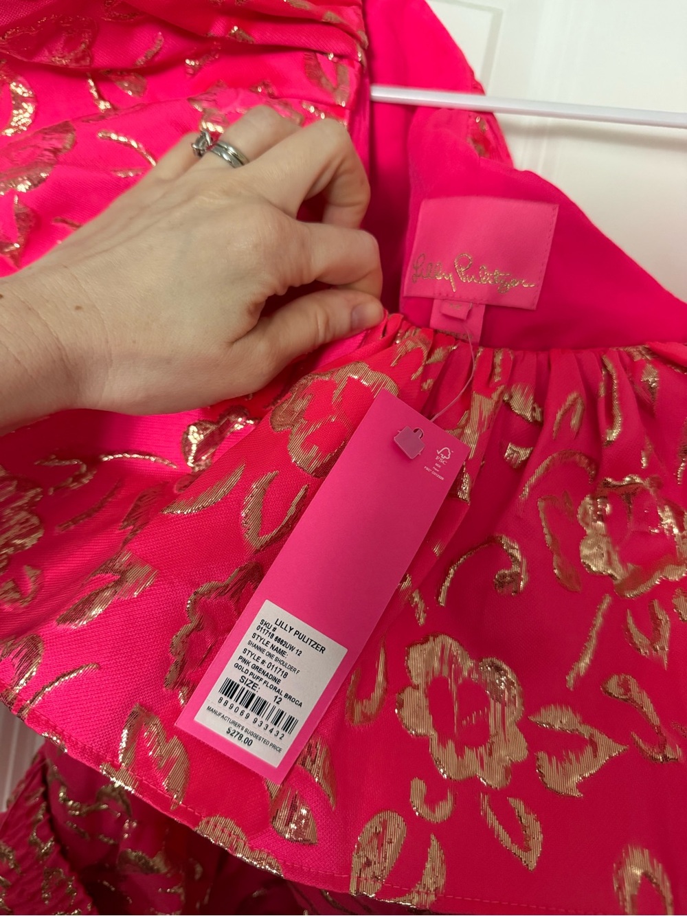 NWT Lilly Pulitzer Shannie One Shoulder Pink and Gold Dress - Size 12 - Picture 8 of 9